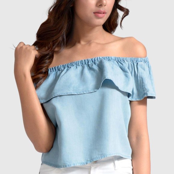 OLGYN Tops - OLGYN Light Blue Denim Top off Shoulder Ruffles